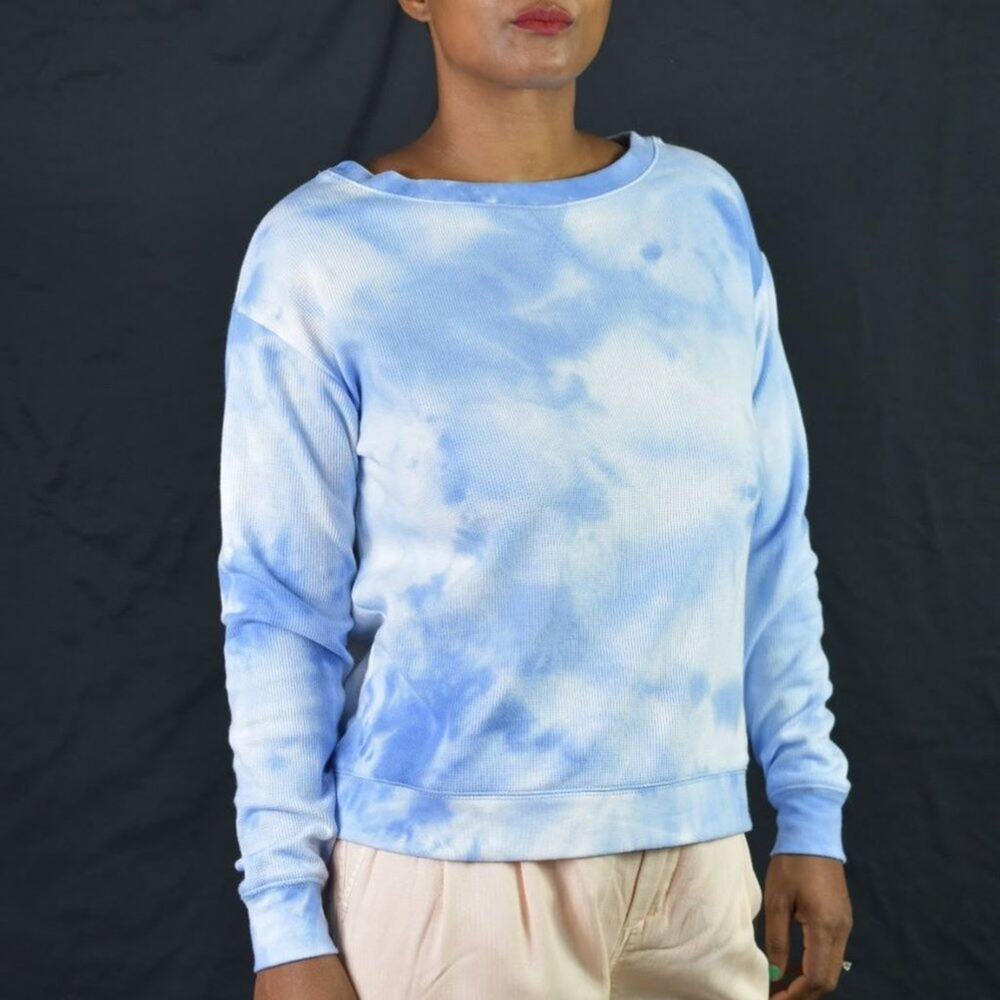 Splendid Waffle Knit Sweatshirt Blue Tie Dye Cloud Crewneck Top Thermal Size XS - Picture 11 of 12